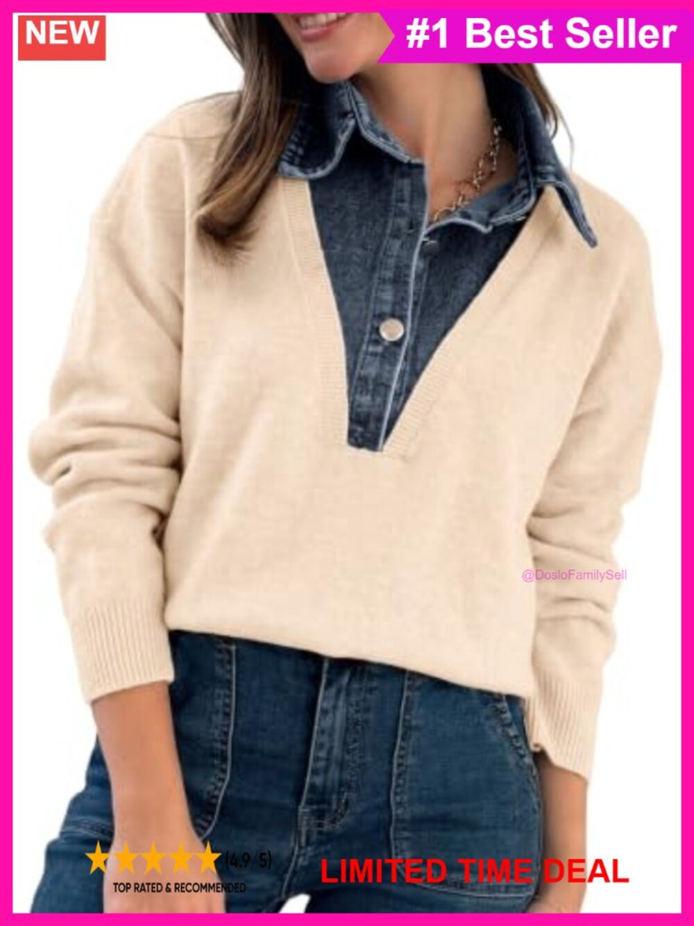 Women's Oversized Knit Pullover Sweater V-Neck Long Sleeve Layered Look